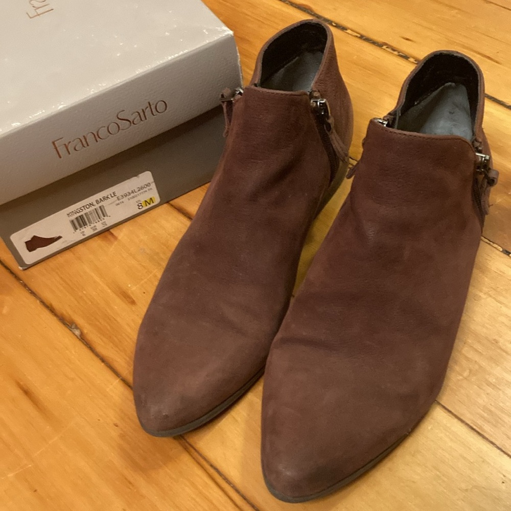 Franco Sarto Kingston Bark/burgundy suede leather double zip low heel booties 8M